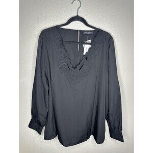 NEW Lane Bryant Blouse Womens 18/20 Black Long Sleeve Embroidered Split Neck Top